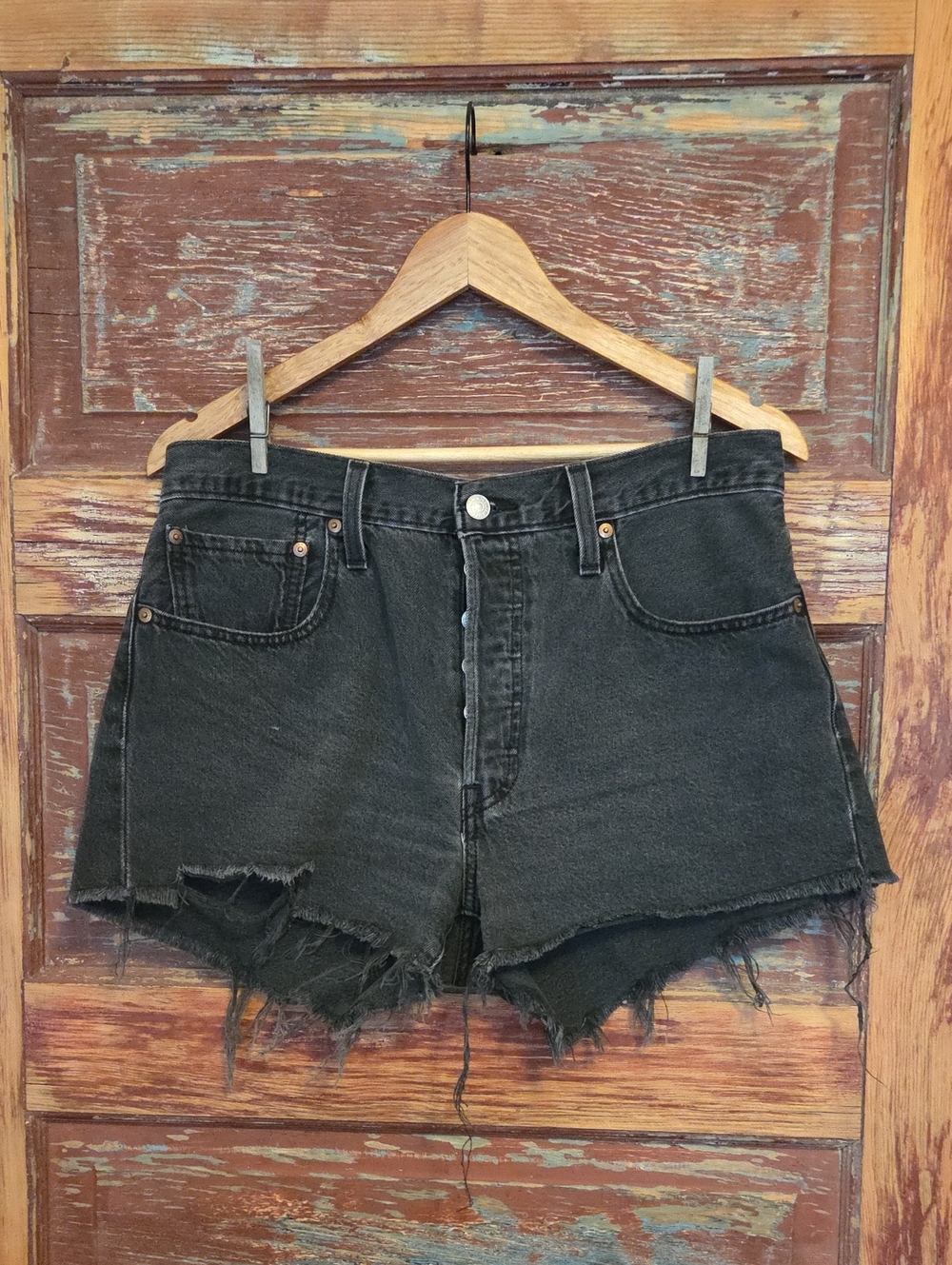 Levi's 501 Distressed High Waist Black No-Stretch Denim Shorts With Button Fly